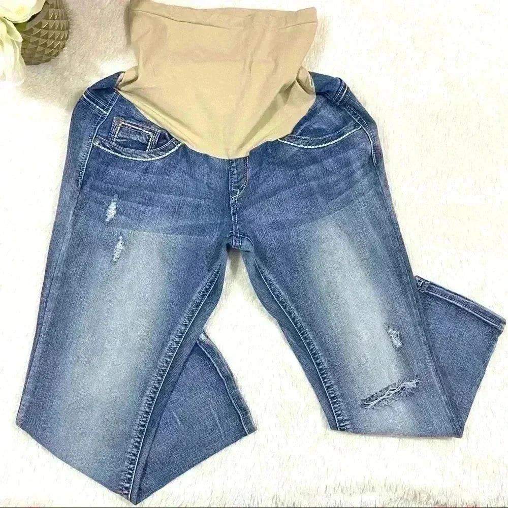 Indigo Blue Secret Fit Belly Flap Picket Stretch Western Maternity Crop Jeans L - Picture 8 of 16